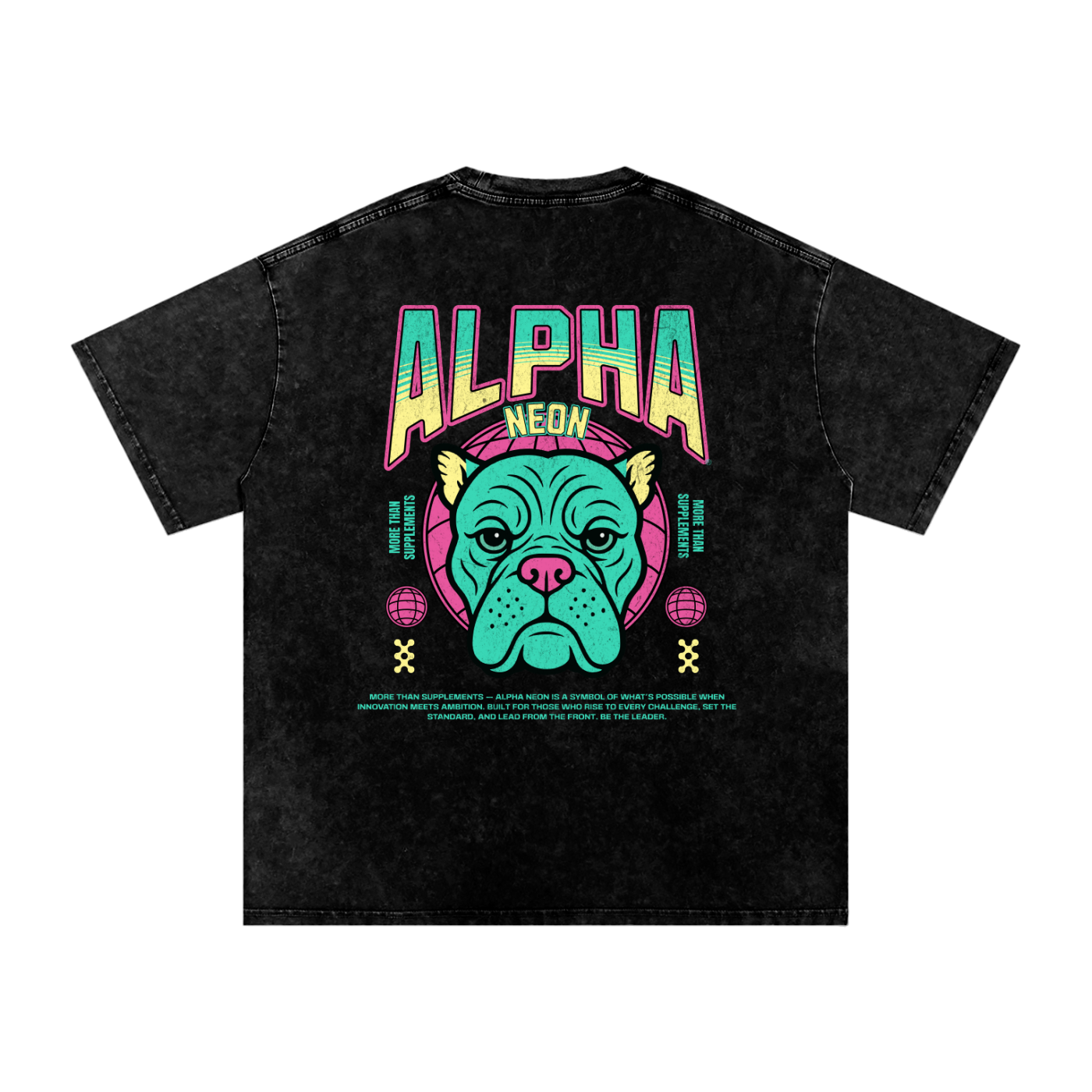 Black t-shirt with colorful graphic design on a white background