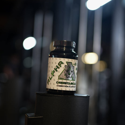A bottle of Alpha Neon digestion Tablets positioned on top of a black display stand in a gym setting with blurred lights in the background.