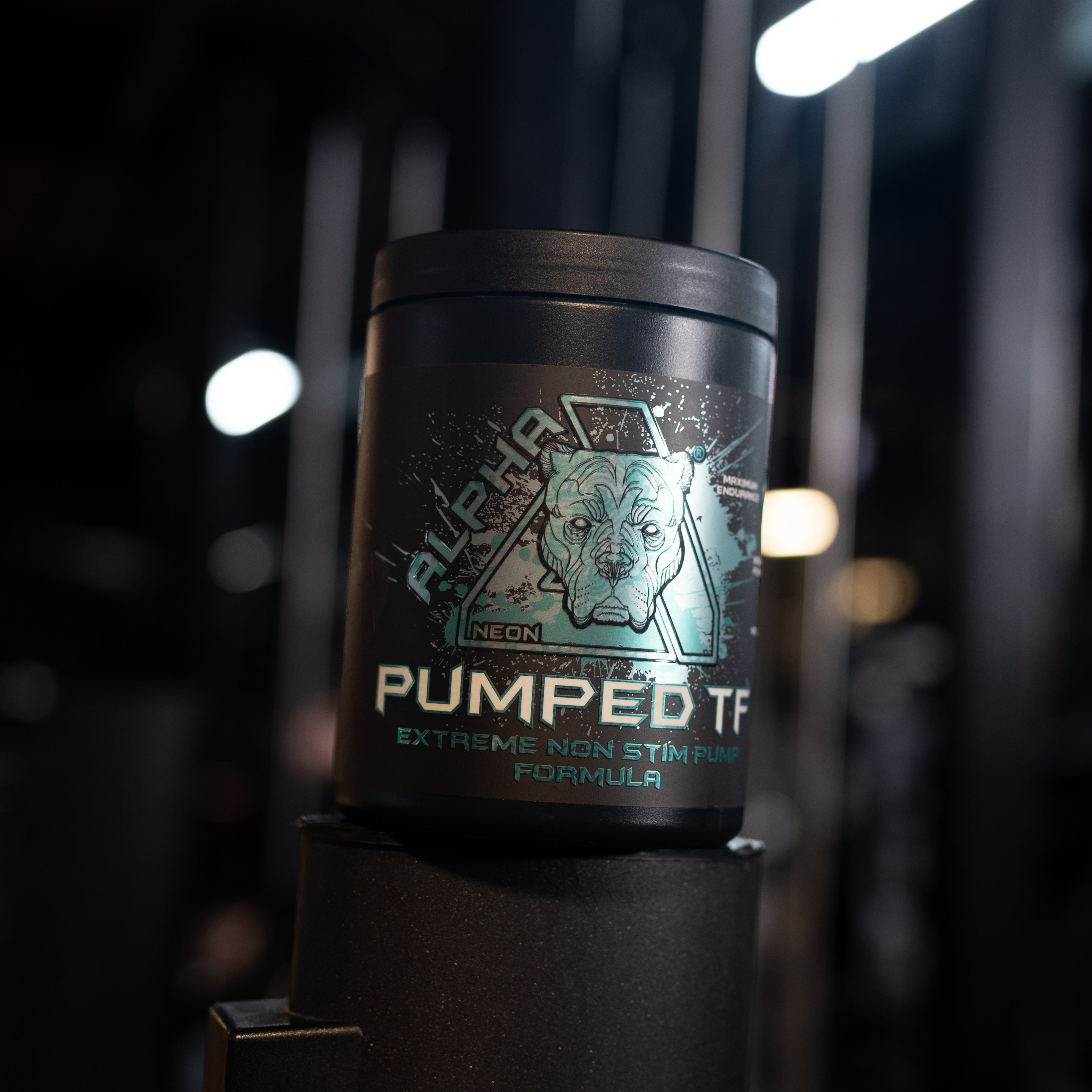 A black tub of Pumped TF Extreme Non-Stim Formula, featuring a teal and black graphic of a stylized dog head, set against a dark, blurred gym background with bright overhead lights.