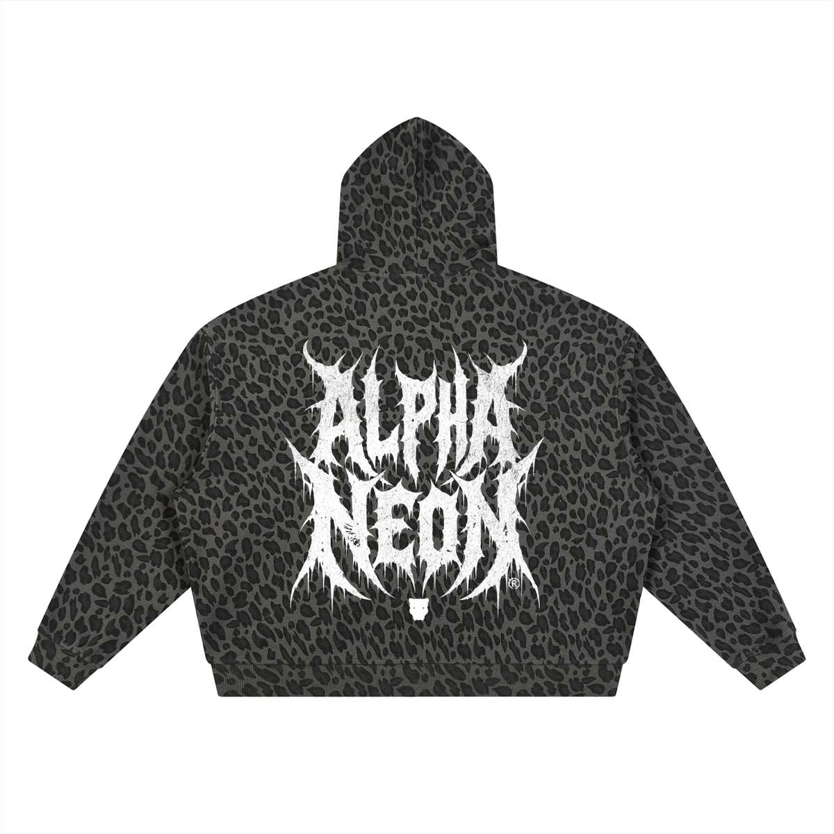 Charcoal leopard waffle zip hoodie, back view with full Alpha Neon print