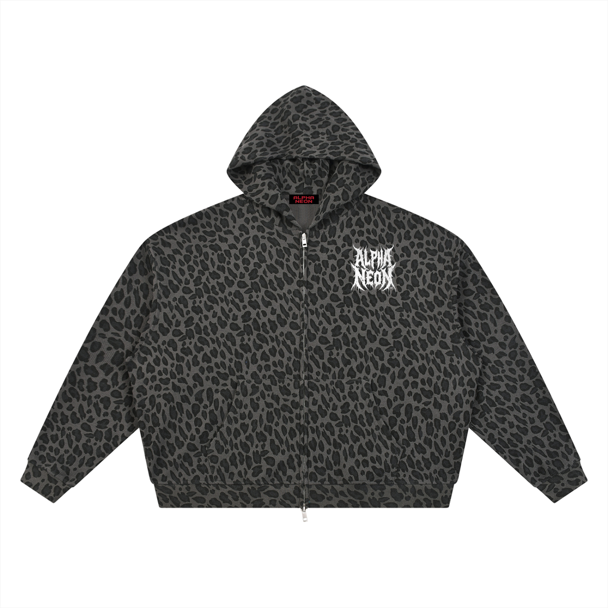 Women's charcoal leopard waffle zip hoodie with Alpha Neon chest print