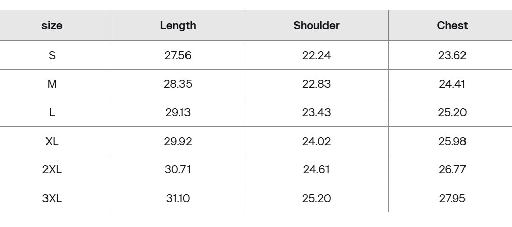 Size chart for a hoodie with measurements in centimeters